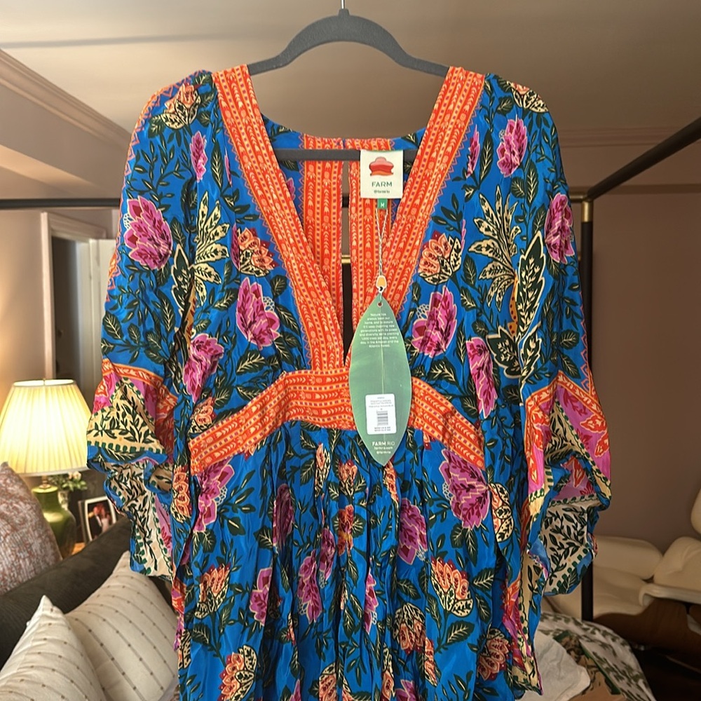 NWT Farm Rio Blue Pineapple Garden Kaftan Dress size Medium with Box
